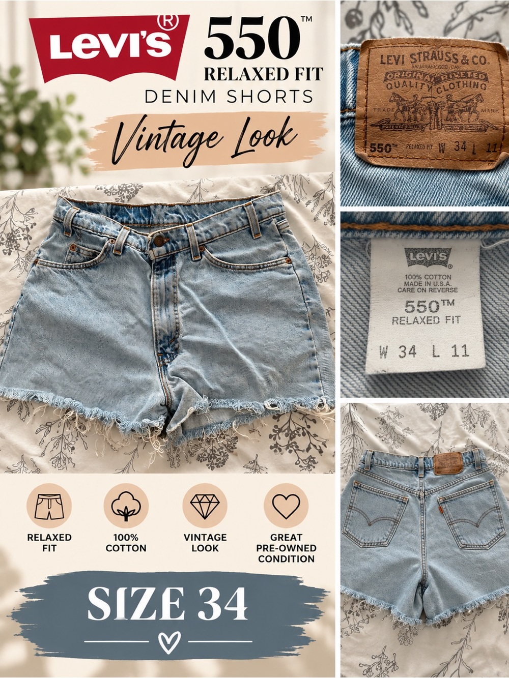 Levi's 550 Relaxed Fit Vintage Light Blue Denim Shorts - Size 34